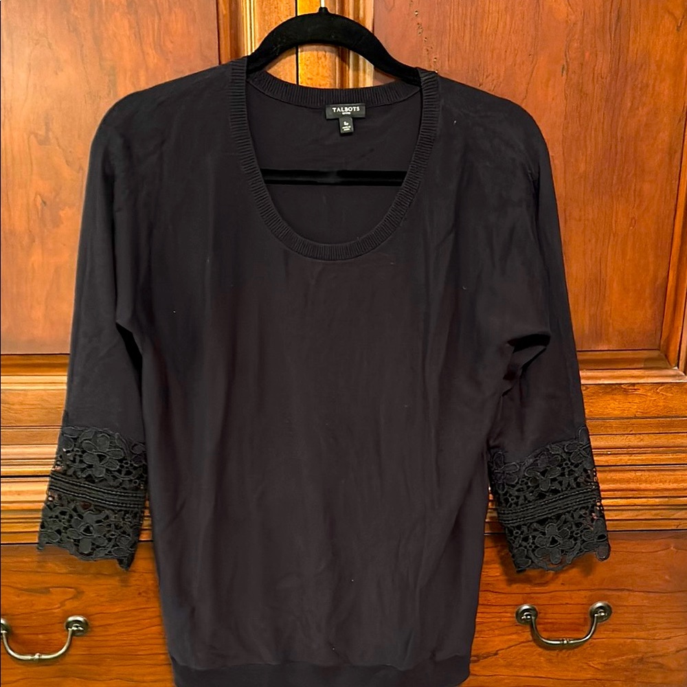 Talbots Black Embellished Fitted Sweater with 3/4 Sleeves/ Size Small petite